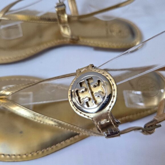 Tory Burch Ali Sandals Womens 8.5 Metallic Gold Leather Ankle Strap Thongs - Picture 3 of 10